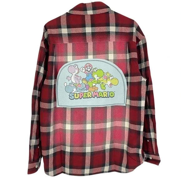 Nintendo Super Mario Flannel Shirt Mens Large XL Retro Handmade Upcycled Red - Picture 1 of 12
